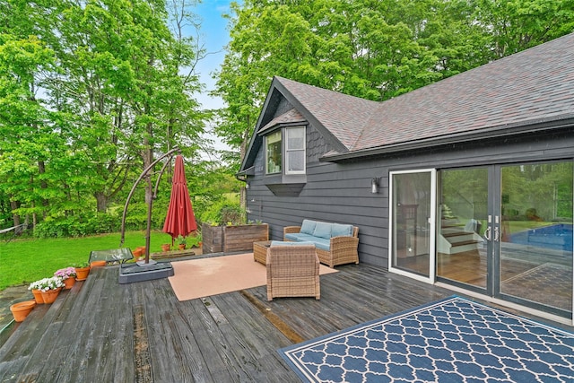 281 Hubert Rd, Jeffersonville, NY 12748 - wooden terrace featuring an outdoor living space and a yard