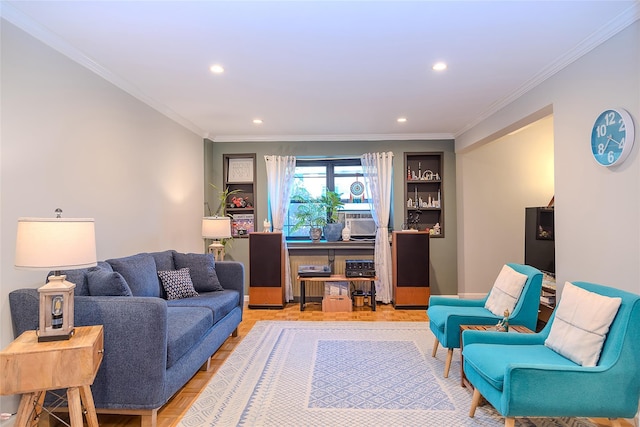 32 Manchester Rd Unit # B26, Eastchester, NY 10709 - living room featuring recessed lighting, crown molding, and parquet floors