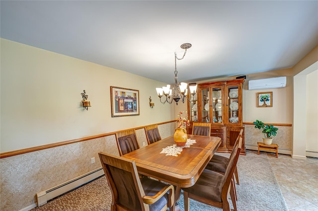 964 Manor Ln, Bay Shore, NY 11706 - dining area featuring baseboard heating, a chandelier, a wall mounted AC, wainscoting, and light tile patterned floors