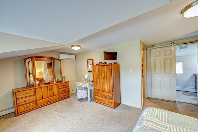 964 Manor Ln, Bay Shore, NY 11706 - bedroom featuring a wall mounted air conditioner, a barn door, carpet flooring, a baseboard radiator, and vaulted ceiling