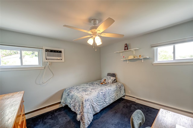 964 Manor Ln, Bay Shore, NY 11706 - bedroom with a baseboard heating unit, a wall mounted air conditioner, and a ceiling fan