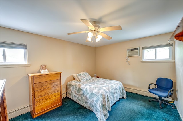 964 Manor Ln, Bay Shore, NY 11706 - bedroom with a baseboard radiator, carpet floors, an AC wall unit, and ceiling fan