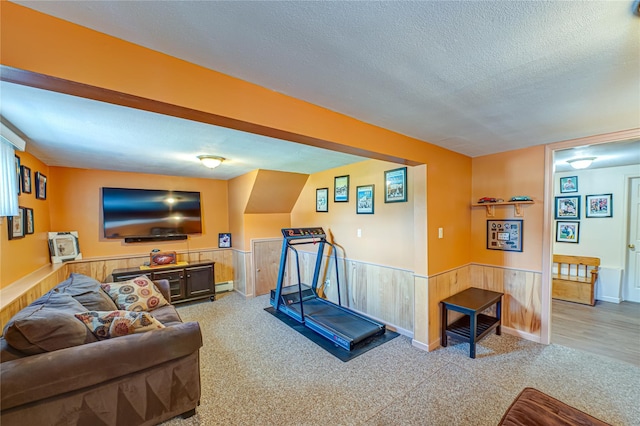 964 Manor Ln, Bay Shore, NY 11706 - living area with a wainscoted wall, carpet flooring, a textured ceiling, and wooden walls