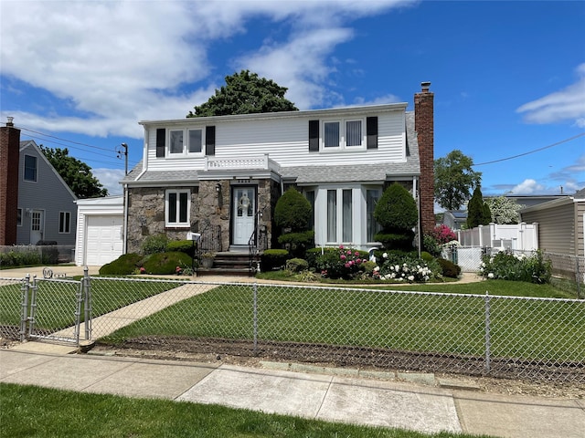 2495 5th Ave, East Meadow, NY 11554 - traditional home featuring a garage, stone siding, a chimney, and a gate