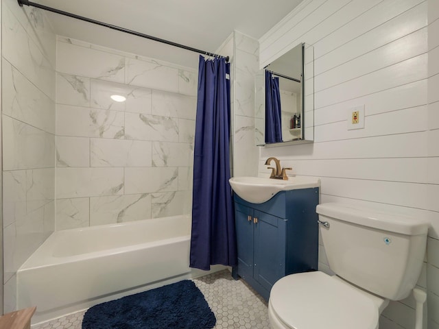 29 Chestnut St, Pearl River, NY 10965 - full bath with toilet, shower / bath combo, vanity, tile patterned floors, and wood walls