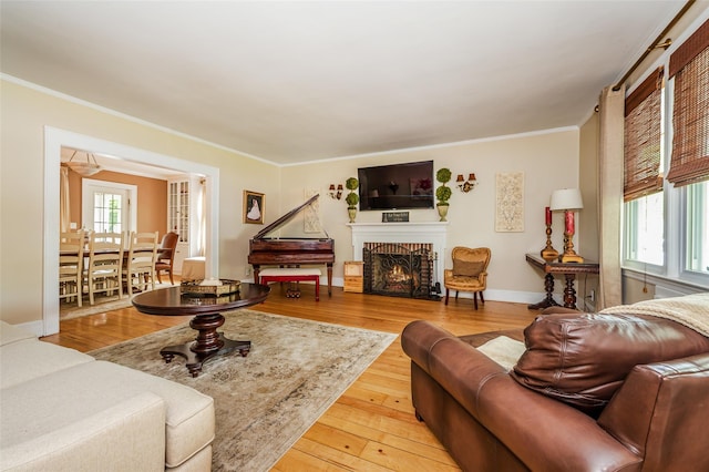 70 Loines Ave, Merrick, NY 11566 - living room with wood finished floors, ornamental molding, and a brick fireplace