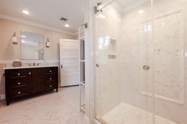 70 Loines Ave, Merrick, NY 11566 - full bath featuring crown molding, a marble finish shower, vanity, recessed lighting, and wainscoting