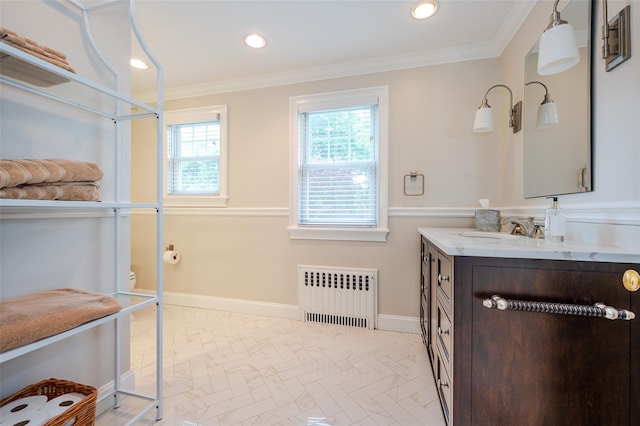 70 Loines Ave, Merrick, NY 11566 - full bathroom with radiator, baseboards, vanity, crown molding, and a shower with shower door