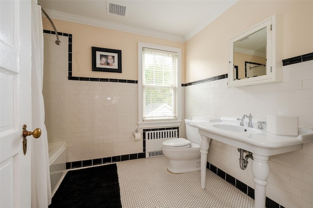 70 Loines Ave, Merrick, NY 11566 - full bath with radiator heating unit, tile walls, toilet, shower / bathtub combination with curtain, and crown molding