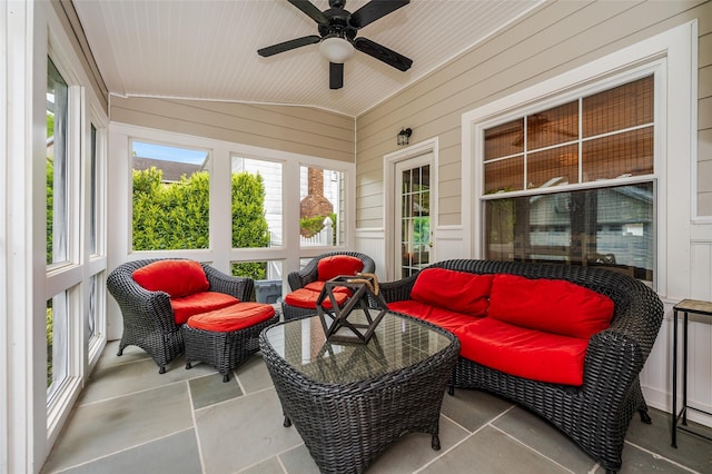 70 Loines Ave, Merrick, NY 11566 - sunroom / solarium with healthy amount of natural light, ceiling fan, vaulted ceiling, and an outdoor hangout area