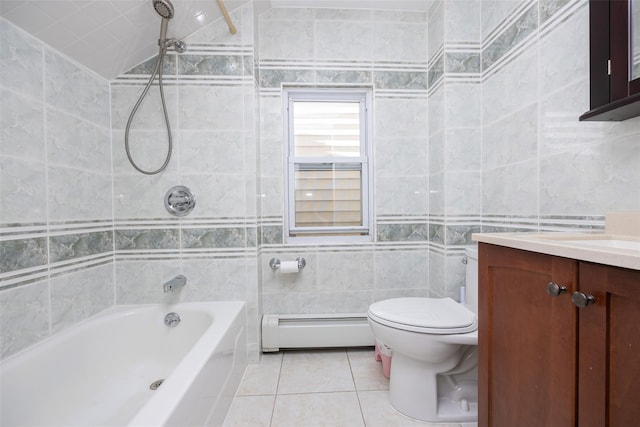 2226 124th St, College Point, NY 11356 - full bathroom featuring baseboard heating, tile walls, vanity, tile patterned flooring, and shower / bath combination