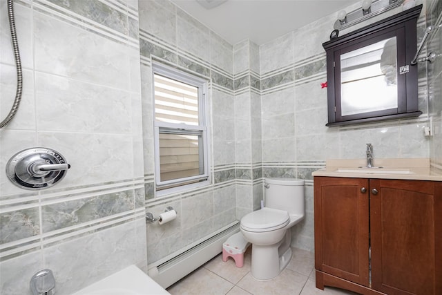 2226 124th St, College Point, NY 11356 - full bath featuring a baseboard radiator, tile walls, tile patterned flooring, vanity, and a tub