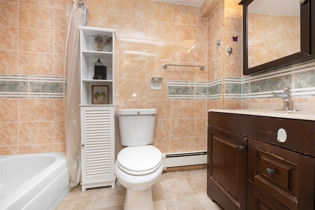 2226 124th St, College Point, NY 11356 - full bathroom featuring a baseboard radiator, tile walls, vanity, tile patterned flooring, and toilet