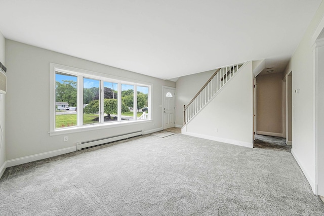 2251 Ocean Ave, Ronkonkoma, NY 11779 - unfurnished living room with a baseboard heating unit, carpet, baseboards, and stairway