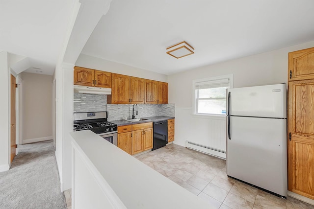 2251 Ocean Ave, Ronkonkoma, NY 11779 - kitchen featuring freestanding refrigerator, stainless steel gas range, dishwasher, under cabinet range hood, and baseboard heating