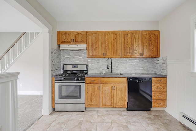 2251 Ocean Ave, Ronkonkoma, NY 11779 - kitchen with black dishwasher, gas range, under cabinet range hood, a baseboard radiator, and a sink