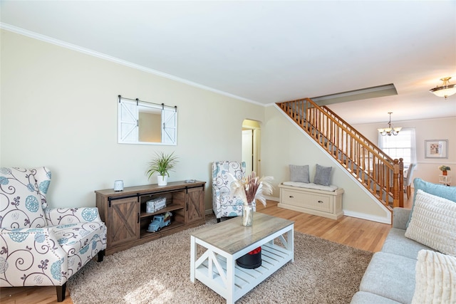 103 Woods Ave, Malverne, NY 11565 - living room featuring a chandelier, ornamental molding, stairway, wood finished floors, and arched walkways