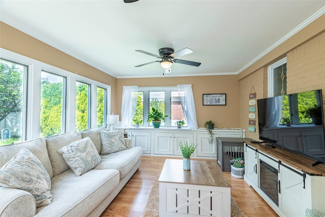 103 Woods Ave, Malverne, NY 11565 - living room featuring crown molding, a ceiling fan, and light wood finished floors