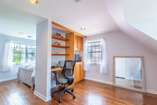 103 Woods Ave, Malverne, NY 11565 - office area featuring dark wood finished floors, lofted ceiling, baseboards, and recessed lighting