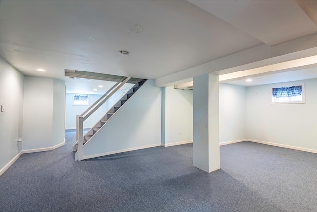 103 Woods Ave, Malverne, NY 11565 - basement with stairway, baseboards, carpet floors, and recessed lighting