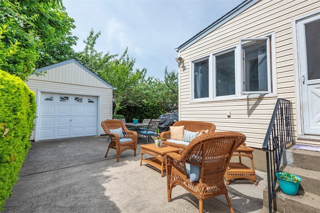 103 Woods Ave, Malverne, NY 11565 - view of patio / terrace featuring an outdoor structure, a garage, concrete driveway, and outdoor dining area