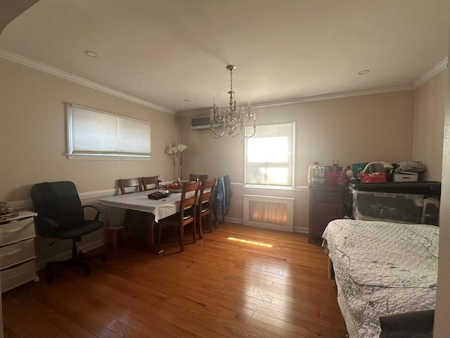 58-36 Bell Blvd, Bayside, NY 11364 - dining area featuring hardwood / wood-style flooring, a chandelier, ornamental molding, radiator heating unit, and baseboards