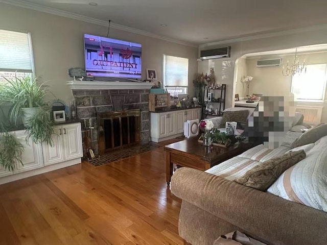 58-36 Bell Blvd, Bayside, NY 11364 - living area with an AC wall unit, wood finished floors, ornamental molding, arched walkways, and a fireplace