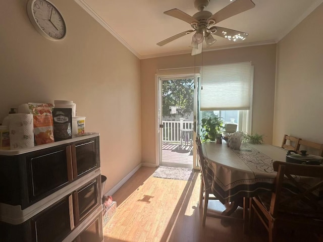 58-36 Bell Blvd, Bayside, NY 11364 - dining area featuring light wood-type flooring, ornamental molding, a ceiling fan, and baseboards