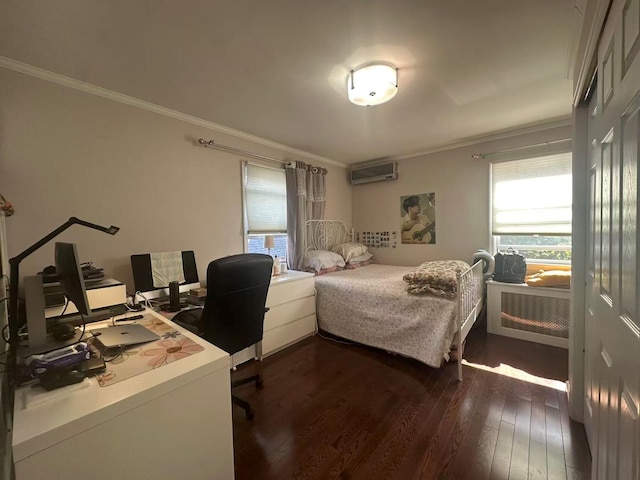 58-36 Bell Blvd, Bayside, NY 11364 - bedroom with a wall mounted air conditioner, dark wood-style floors, ornamental molding, and an office area