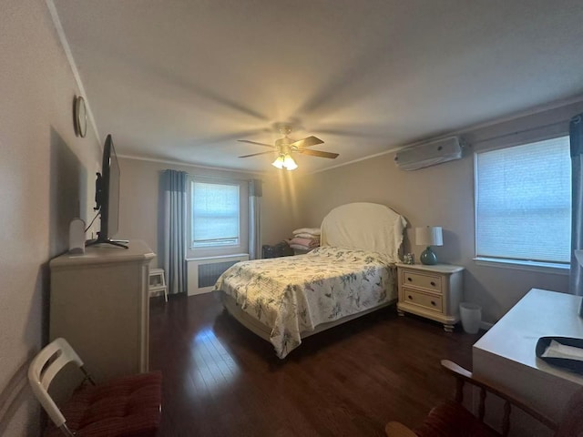 58-36 Bell Blvd, Bayside, NY 11364 - bedroom with crown molding, dark wood-type flooring, a wall unit AC, and ceiling fan
