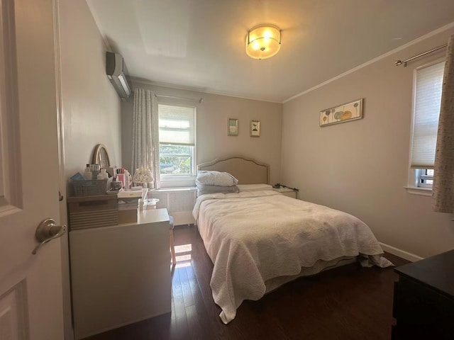 58-36 Bell Blvd, Bayside, NY 11364 - bedroom with dark wood-type flooring, ornamental molding, a wall unit AC, and baseboards