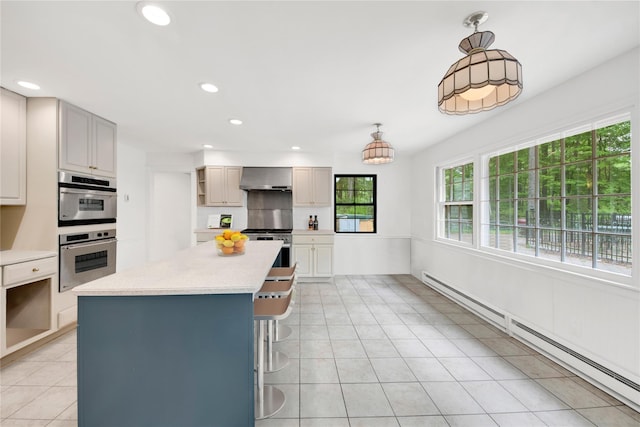 64 Lincoln Rd, Putnam Valley, NY 10579 - kitchen featuring wall chimney range hood, baseboard heating, open shelves, light countertops, and healthy amount of natural light