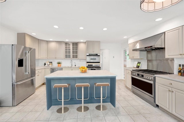 64 Lincoln Rd, Putnam Valley, NY 10579 - kitchen featuring appliances with stainless steel finishes, range hood, a kitchen breakfast bar, a kitchen island, and light countertops