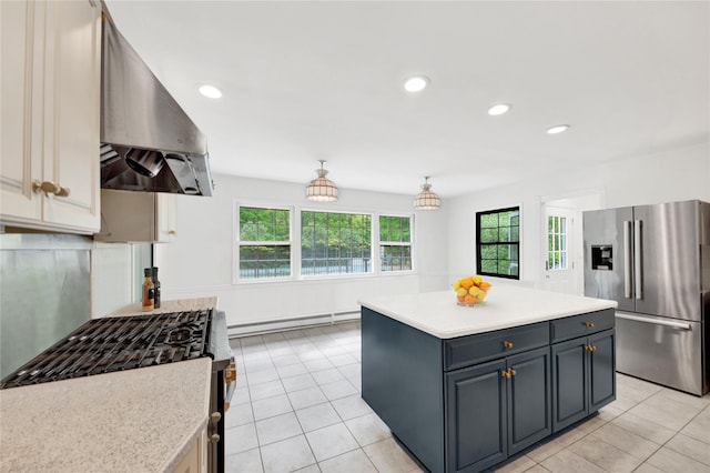 64 Lincoln Rd, Putnam Valley, NY 10579 - kitchen featuring appliances with stainless steel finishes, extractor fan, a baseboard radiator, light countertops, and recessed lighting