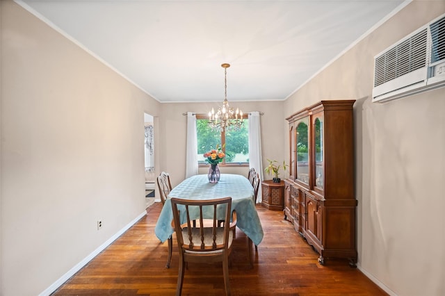 8 Ridge Rd, Wheatley Heights, NY 11798 - dining space with a chandelier, wood finished floors, crown molding, baseboards, and a wall mounted AC