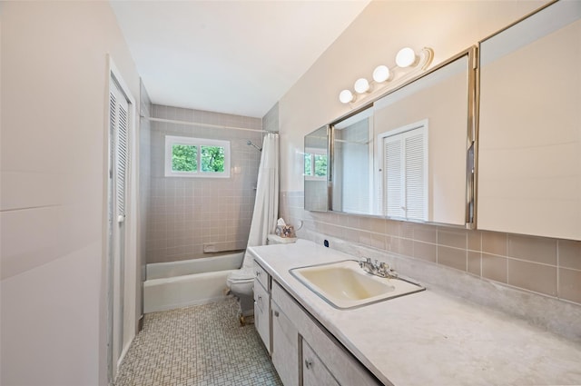 8 Ridge Rd, Wheatley Heights, NY 11798 - full bathroom featuring vanity, shower / bath combination with curtain, toilet, tile patterned floors, and decorative backsplash