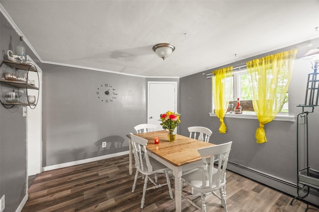 8 Ridge Rd, Wheatley Heights, NY 11798 - dining room featuring wood finished floors, crown molding, a baseboard radiator, and baseboards