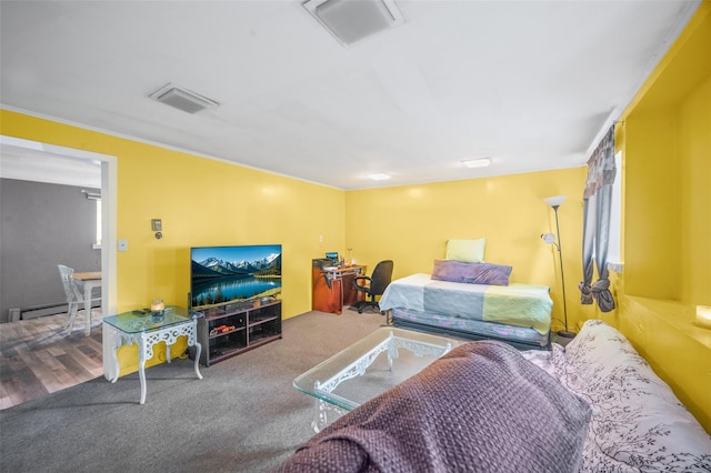 8 Ridge Rd, Wheatley Heights, NY 11798 - carpeted bedroom featuring baseboard heating and crown molding