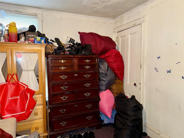 37 Liberty St, Newburgh, NY 12550 - carpeted bedroom with ornamental molding and wood walls
