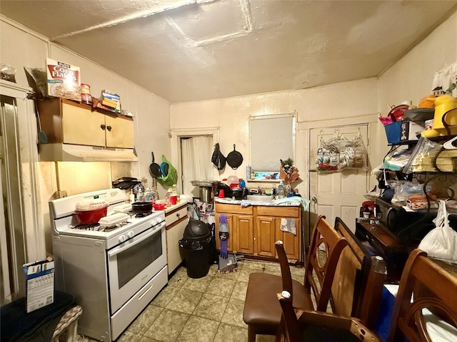 37 Liberty St, Newburgh, NY 12550 - kitchen with gas range gas stove, under cabinet range hood, light floors, light countertops, and brown cabinets