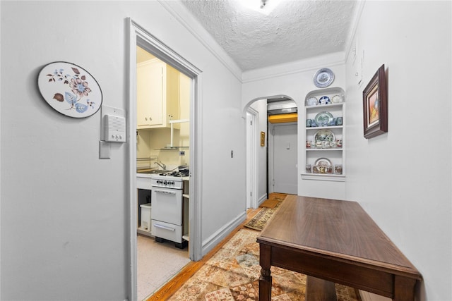 3000 Valentine Ave Unit 1D, Bronx, NY 10458 - hallway featuring a textured ceiling, arched walkways, ornamental molding, and light wood-type flooring