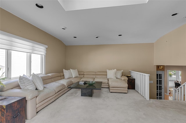 5 Seaview Ln, Port Washington, NY 11050 - carpeted living room featuring lofted ceiling