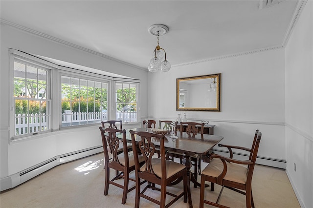 5 Seaview Ln, Port Washington, NY 11050 - dining area with carpet floors, ornamental molding, and a baseboard heating unit