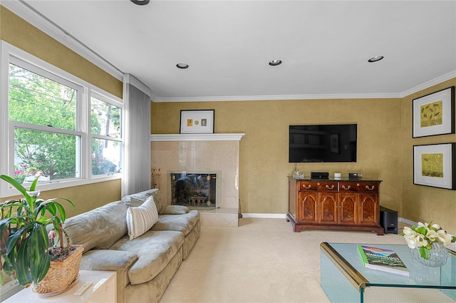 5 Seaview Ln, Port Washington, NY 11050 - living area featuring light carpet, ornamental molding, a fireplace, and baseboards
