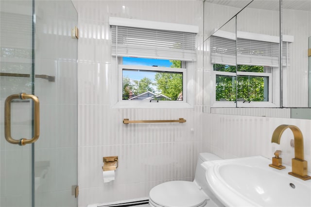 5 Seaview Ln, Port Washington, NY 11050 - full bathroom featuring tile walls, a baseboard radiator, a shower stall, toilet, and a sink