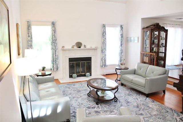 2 Greenwood Ct, Briarcliff Manor, NY 10510 - living room with wood finished floors, a fireplace with flush hearth, and a baseboard radiator
