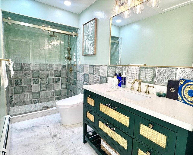 2 Greenwood Ct, Briarcliff Manor, NY 10510 - bathroom with baseboard heating, vanity, a stall shower, toilet, and marble look tile flooring