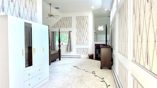 2 Greenwood Ct, Briarcliff Manor, NY 10510 - bedroom featuring a baseboard radiator, high vaulted ceiling, carpet, and a ceiling fan