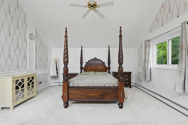 2 Greenwood Ct, Briarcliff Manor, NY 10510 - bedroom with baseboard heating, carpet floors, vaulted ceiling, and ceiling fan