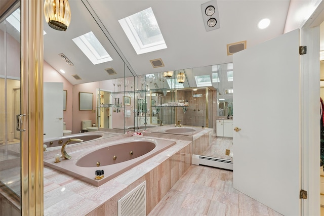 2 Greenwood Ct, Briarcliff Manor, NY 10510 - bathroom with a baseboard heating unit, a skylight, a shower stall, a jetted tub, and lofted ceiling
